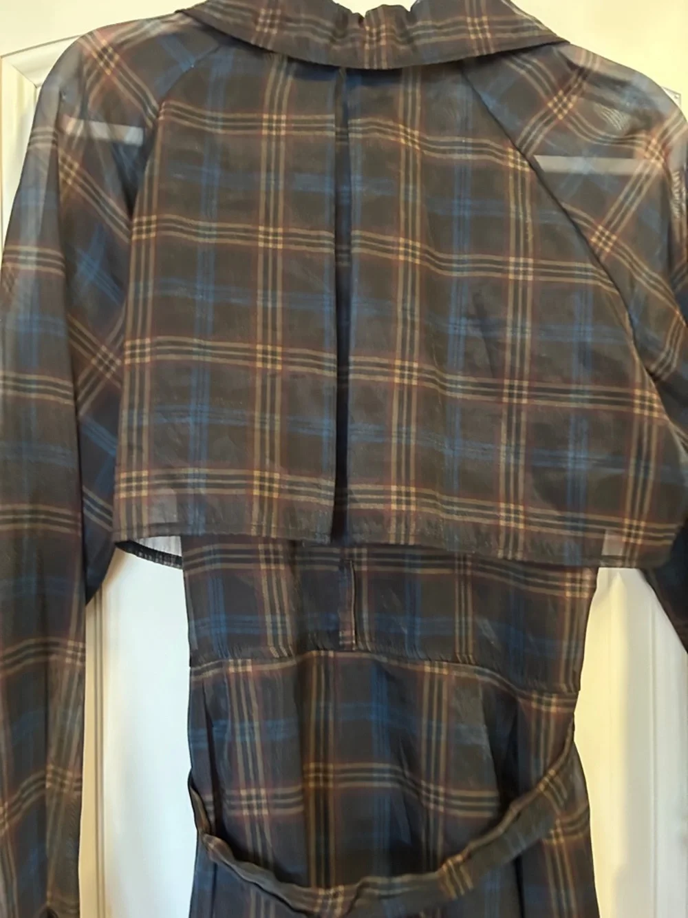 Plaid Long Trench Coat with Self-Tie Waist - Brown & Blue
